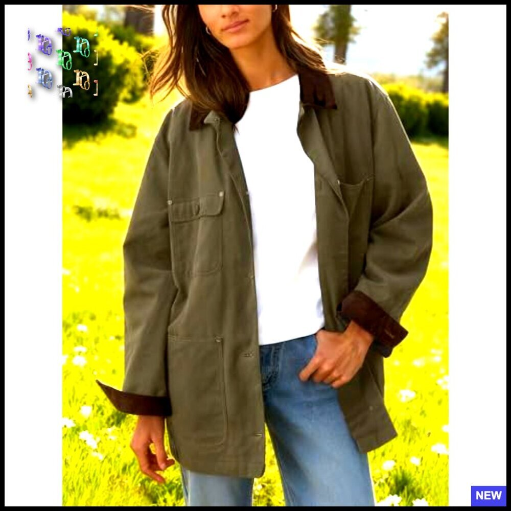 Oversized Corduroy Collar Barn Jacket Vintage Workwear Utility Coat with Pockets - Picture 4 of 7